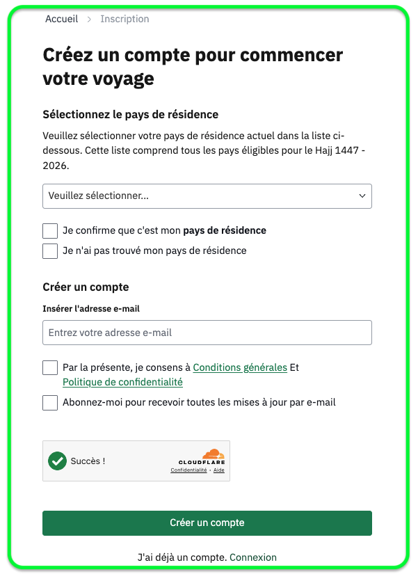 Écran Nusuk Hajj : formulaire initial de création de compte