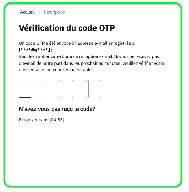 Écran Nusuk Hajj : vérification du code OTP reçu par e-mail